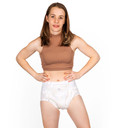 Female model wearing BeDry EliteCare Briefs, front-view.