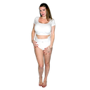Female model wearing BeDry EliteCare Incontinence Briefs, front-view.