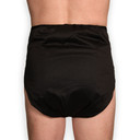 Modeled black diaper cover, back-view.