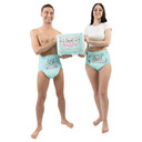 Male and female model holding bag of Bunnyboo Diapers.