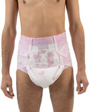 Close-up of the front of the Lil Bella Diapers modeled. 