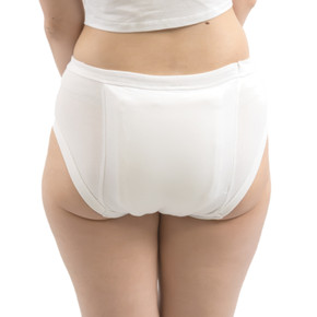 Modeled back-view of adult training pants.