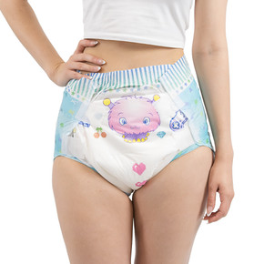 Modeled Lil' Monsters adult diaper with Puffy, front-view.