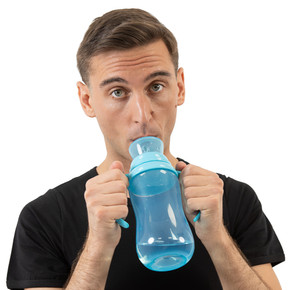 Male model drinking from Blue Easy Grip bottle.