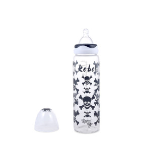 Rebel adult baby bottle with plastic cap off to the side.