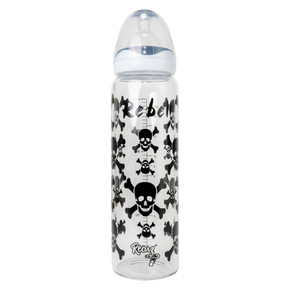 Rebel glass bottle with plastic cap on.