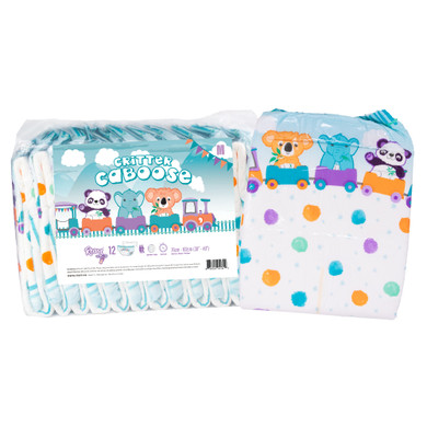 Bag of Critter Caboose with diaper standing upright beside.