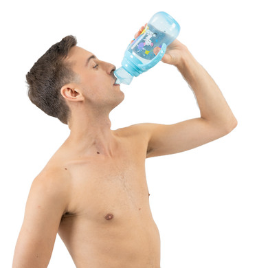 Male model drinking from Rearz Daydreamer adult bottle.