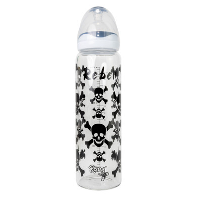 Rebel glass bottle with plastic cap on.