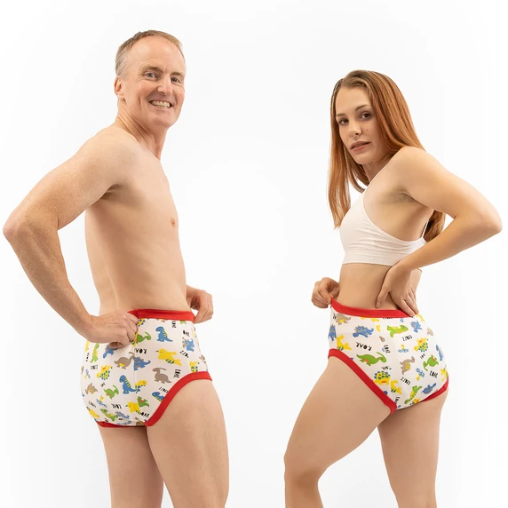 Male and female model wearing Dinosaur training pants, back-view.