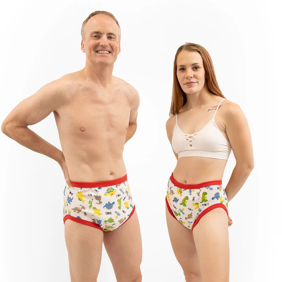 Male and female model wearing training pants, front-view.
