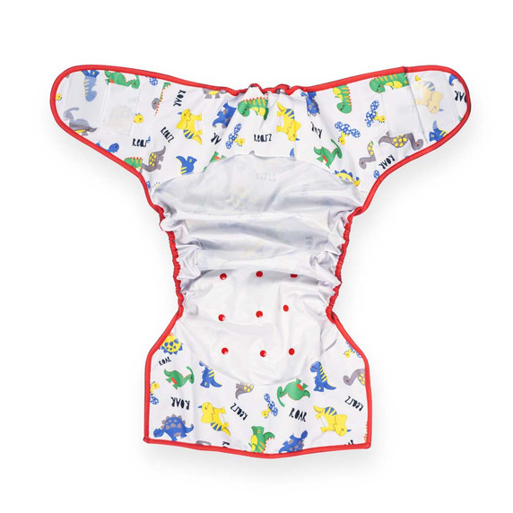 Dinosaur diaper wrap extended open, inner-side.