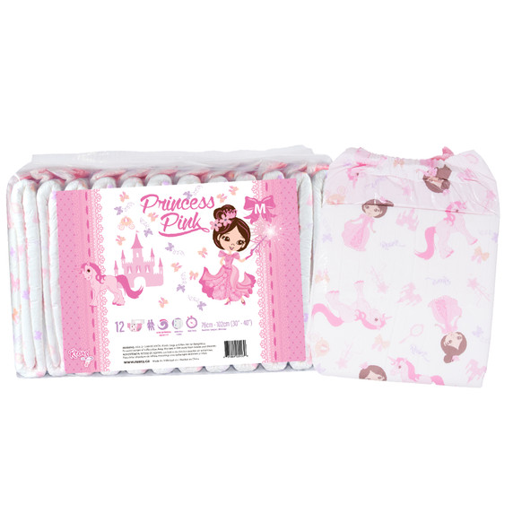 Bag of Princess Pink with diaper standing upright beside.