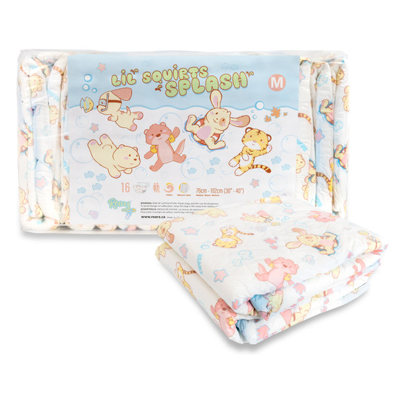 Bag of Splash Diaper with stack of diapers in front.
