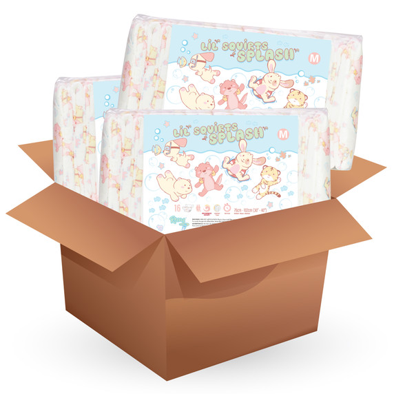 Box with three bags of Splash Diapers.