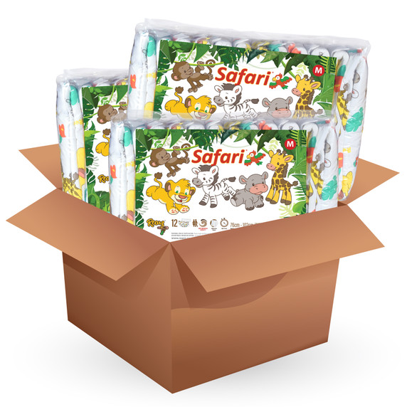 Box with three bags of Safari diapers.