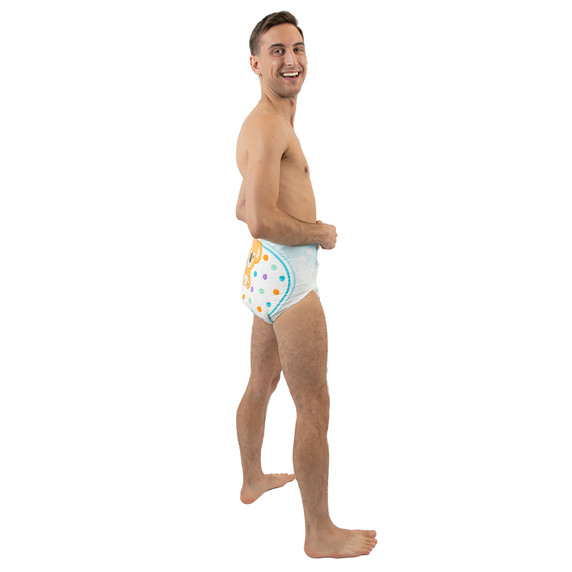 Male model wearing adult diaper, side-view.