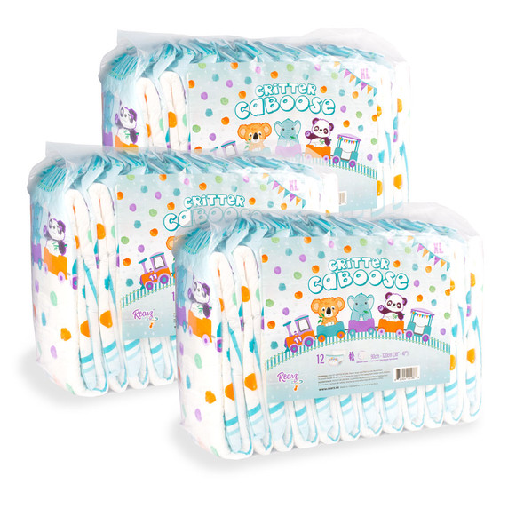 Three bags of Mega Critter Caboose diapers.