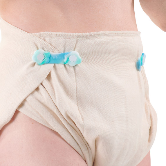 Model wearing ABZ Pin-Free Diaper Fasteners.