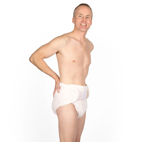 Male wearing Omutsu Waddle Cloth Diaper, with arms on back.
