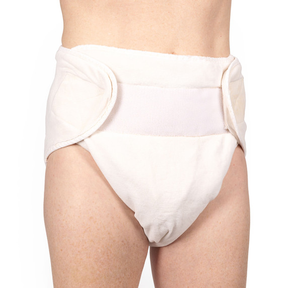 Male wearing Omutsu Waddle Cloth Diaper, showcasing the front with tabs applied.