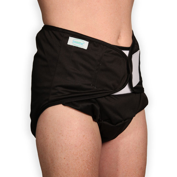 Modeled black diaper cover wrap, side-view.