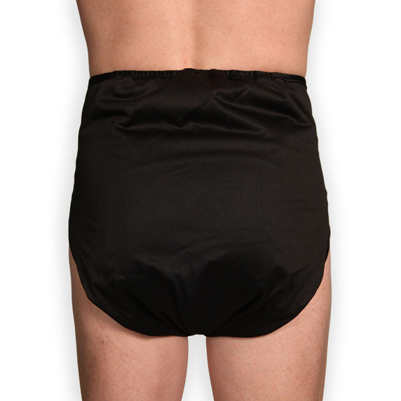 Modeled black diaper cover, back-view.