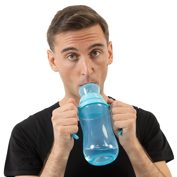 Male model drinking from Blue Easy Grip bottle.