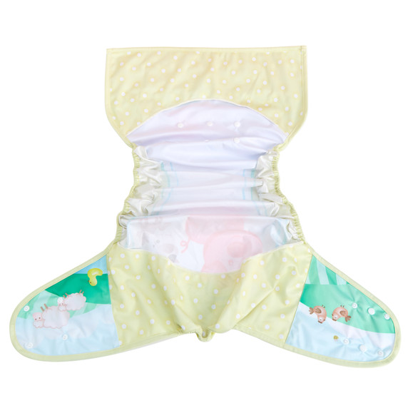 Barnyard diaper wrap extended open, inner-side.