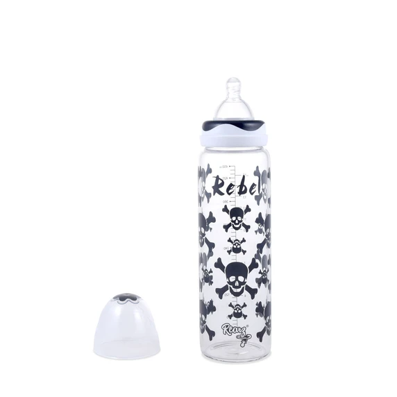Rebel adult baby bottle with plastic cap off to the side.