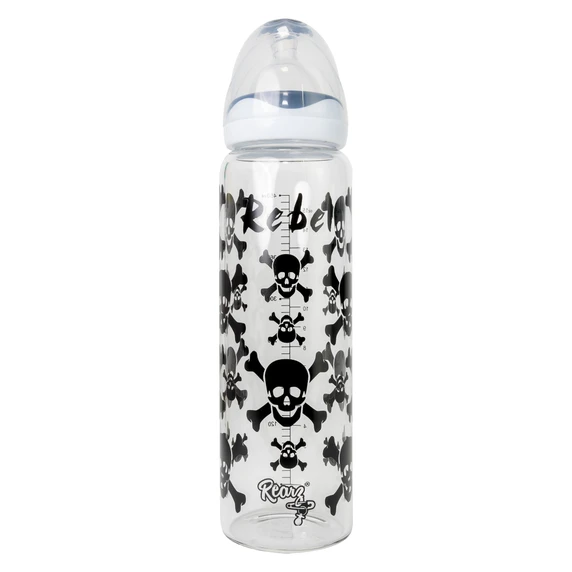 Rebel glass bottle with plastic cap on.
