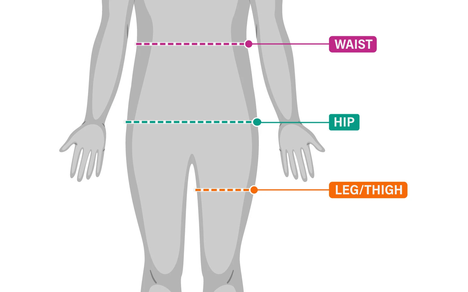 Diagram showing how to measure your waist, hips and thighs