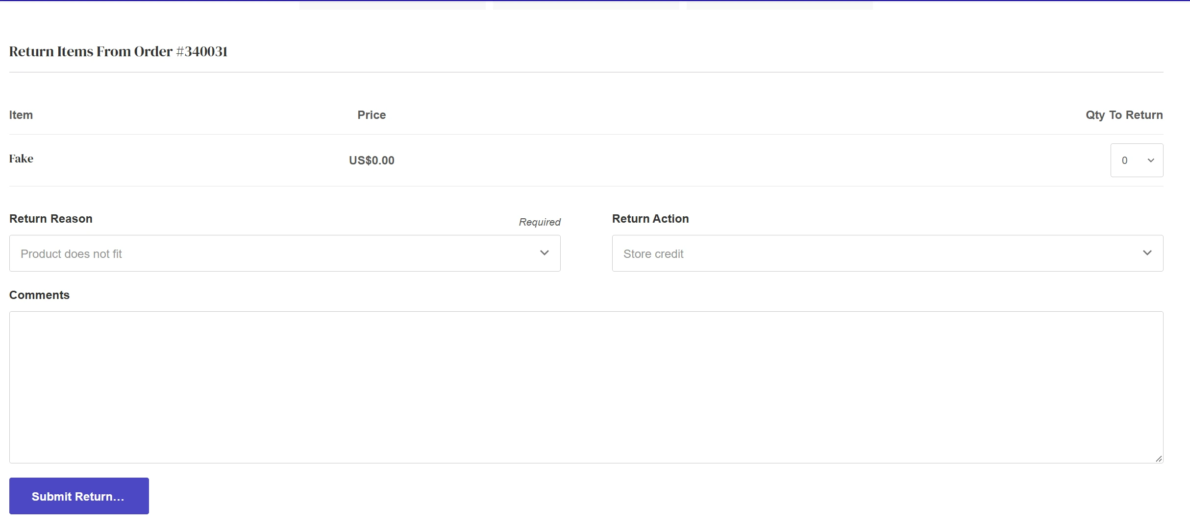 Selecting products, quantity, and a return reason on the return request form