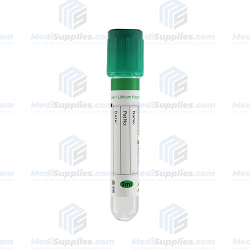 Vacuum Blood Collection Tube Gel + (Heparin Lithium Tube), 13 x 75mm, 3ml, Green Top