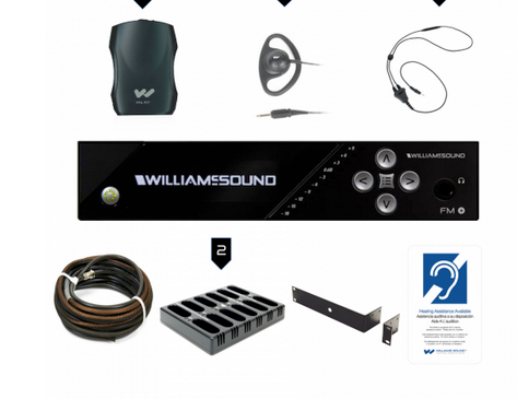 Williams AV FM 557-24 PRO D FM Plus Dante Large-area Dual FM and Wi-Fi assistive listening system with 24 FM R37 receivers.