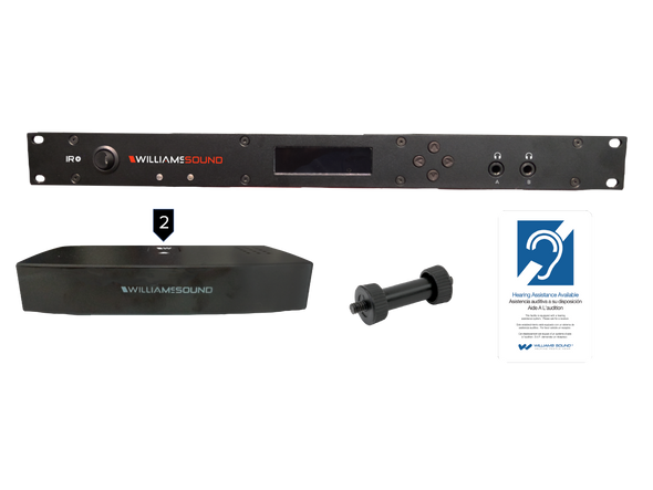 Williams AV IR ME2 D IR Plus system features with two emitter, bracket and ADA sign Dante.