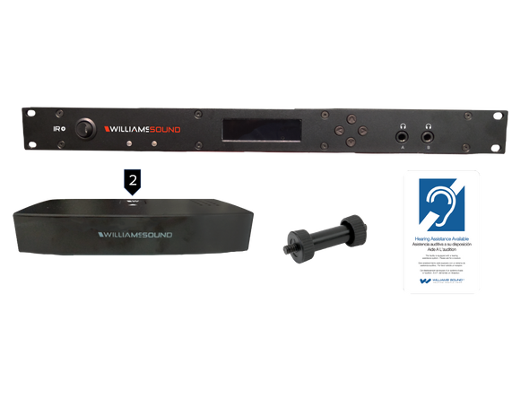 Williams AV IR ME2 D IR Plus system features with two emitter, bracket and ADA sign Dante.