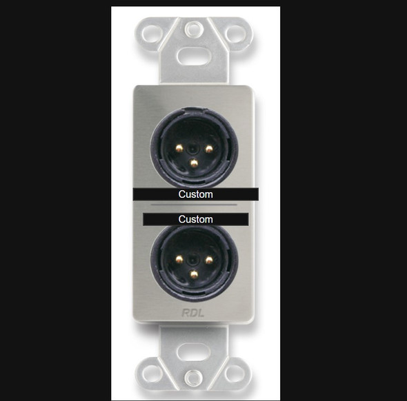 Radio Design Labs DS-XLR2MC Dual XLR 3-pin Male Jacks on D Plate - Solder type - Stainless Steel (Custom Labeled)