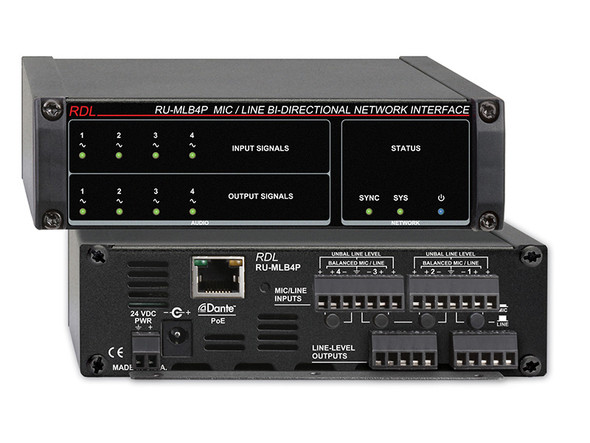 Radio Design Labs RU-MLB4P Mic/Line Bi-Directional Network Interface - 4 Swichable Mic or Line Inputs, Dante Input - 4 Balanced Line Outputs