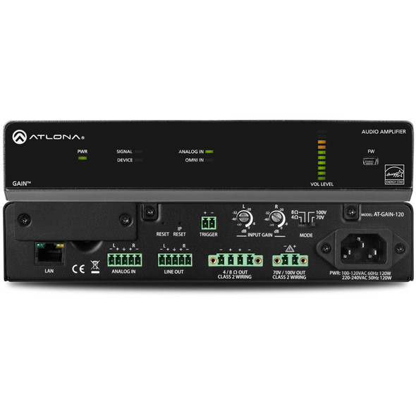 Atlona AT-GAIN-120 2 Channel 4 Ohm/8 Ohm/70V/100V 60W per channel Amplifier