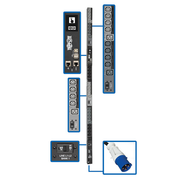 Tripp Lite PDU3EVSR6G60 3-Phase PDU Switched 10kW 200/208/240V 24 C13,6 C19, IEC 309 60A