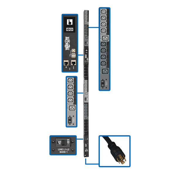 Tripp Lite PDU3EVSR6L1530 3-Phase PDU Switched 10kW 200/208/240V 24 C13,6 C19 L15-30P TAA