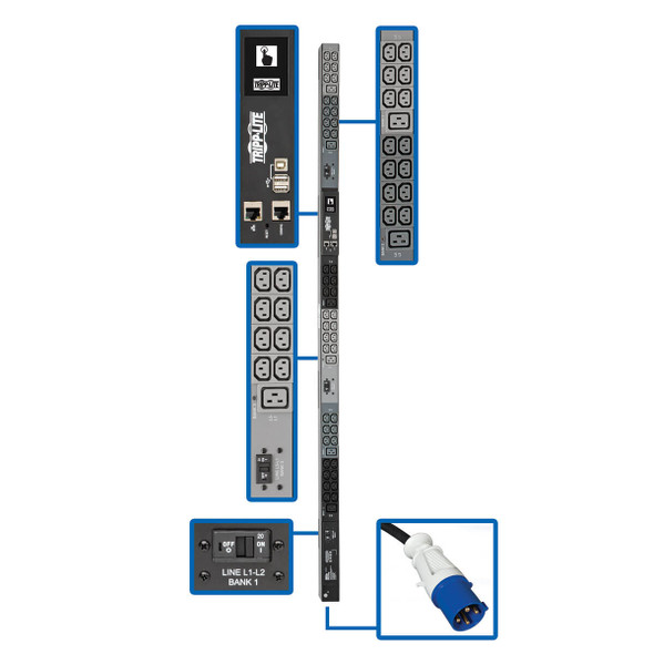 Tripp Lite PDU3EVN10G60B 3-Phase PDU Monitored 14.5kW 200/208/240V 42 C13, 6 C19 60A 0URM