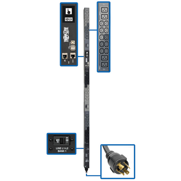 Tripp Lite PDU3EVN6H50BA 3-Phase PDU Monitored 14.5kW 208/240V 30 C13, 12 C19 Hubbell TAA