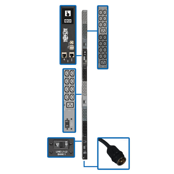 Tripp Lite PDU3EVN6H50B 3-Phase PDU Monitored 200/208/240V 14.5kW 42 C13, 6 C19 LCD TAA