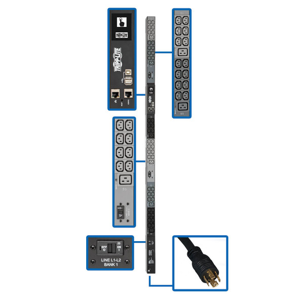 Tripp Lite PDU3EVN10L2130B 3-Phase PDU Monitored 10kW 200/208/240V 42 C13, 6 C19, L21-30P