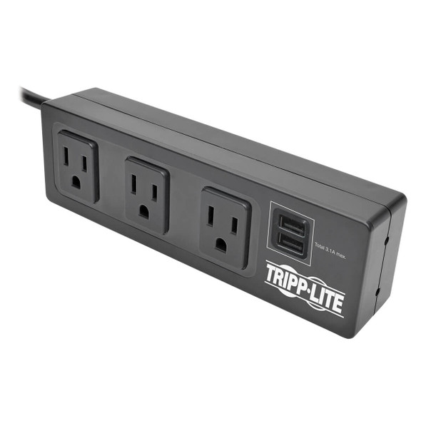 Tripp Lite TLP310USBS 3-Outlet Surge Protector Power Strip w/2-Port USB Charging Black