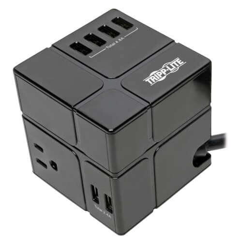 Tripp Lite TLP368CUBEUAM 3-Outlet Cube Surge Protector, 5-15R Outlets, 6 USB Charging Ports, 8 ft.