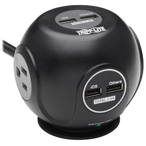 Tripp Lite TLP38UAM 3-Outlet Spherical Surge Protector, 5-15R Outlets, 4 USB Charging Ports