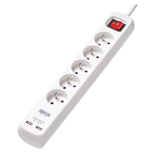 Tripp Lite PS5F3USB 5-Outlet Power Strip with USB Charging, 3 m Cord, Type E Plug, White